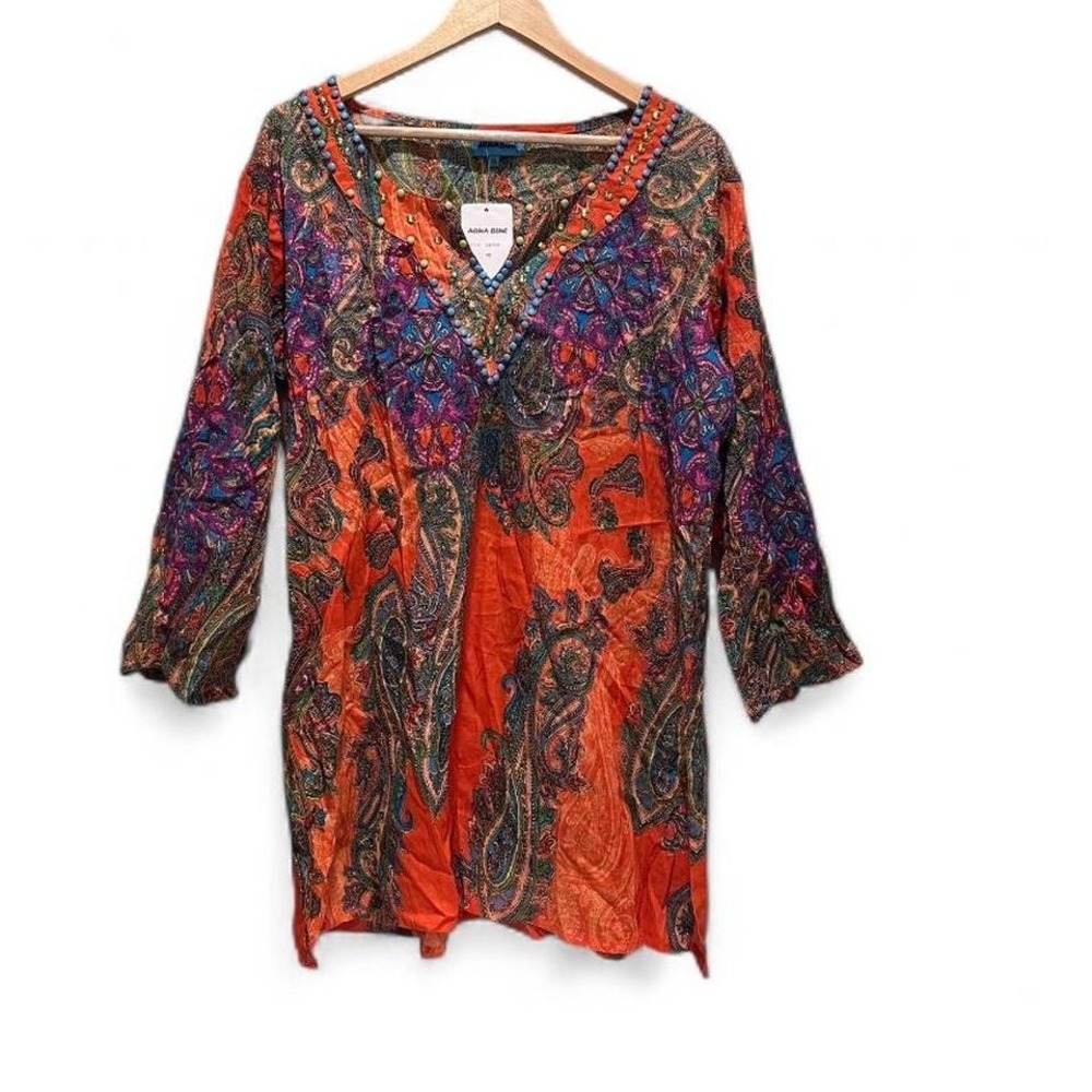Aqua Blue Lightweight Tunic Top Shirt Size 1X Cotton Boho Hippie Beaded NWT